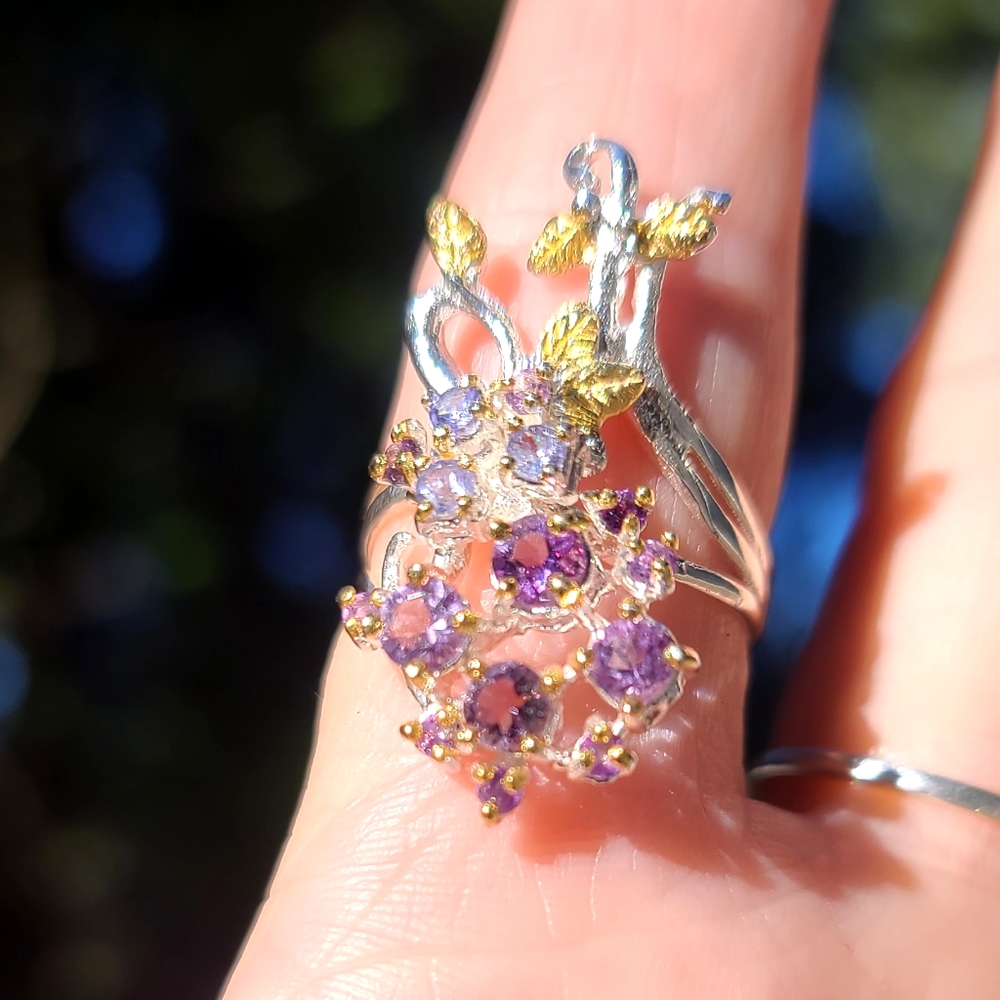 Amethyst & Topaz floral sterling & gold finger cuff sz7.75 - Picture 11 of 12